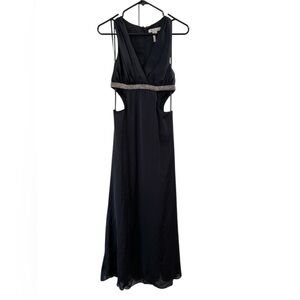 Black formal long beaded v neck dress a line